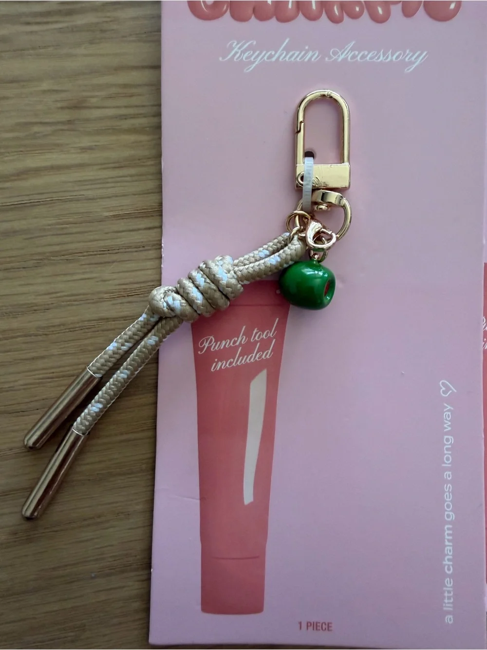 Lip Charm - Beige Rope & Green Charm Keychain Accessory